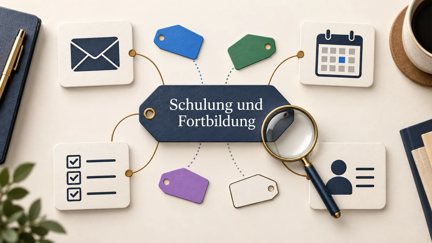 Die Kategorie Schulung und Fortbildung verbindet E-Mails, Termine, Aufgaben und Kontakte. Eine Lupe und farbige sowie farblose Etiketten verdeutlichen die Suche über Kategorien.