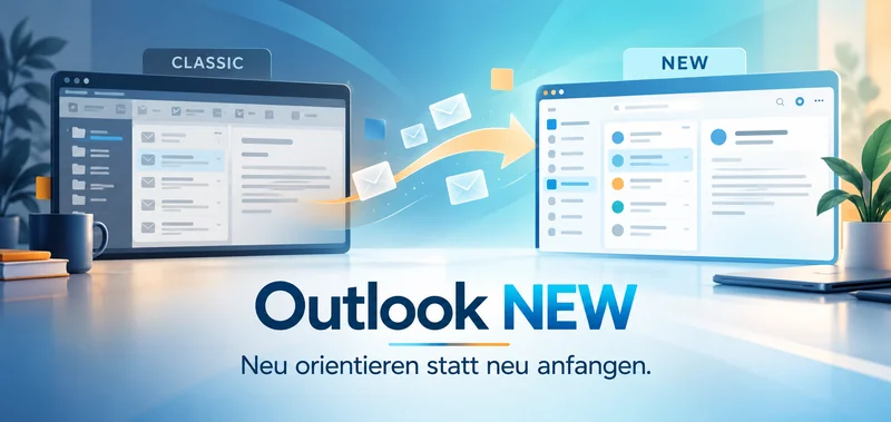Outlook Classic und Outlook NEW nebeneinander, verbunden durch einen Pfeil und E-Mail-Symbole. Bildtext: Outlook NEW – Neu orientieren statt neu anfangen.