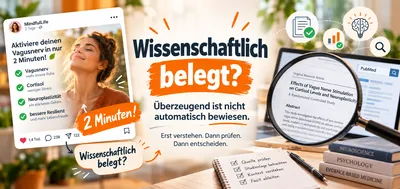 Wissenschaftlich belegt? Ein Social-Media-Beitrag mit Gesundheitsversprechen steht einer Recherche mit Lupe und Studien gegenüber. Bildtext: Überzeugend ist nicht automatisch bewiesen. Erst verstehen. Dann prüfen. Dann entscheiden.